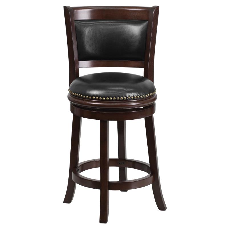Flash Furniture 24'' High Cappuccino Wood Counter Height Stool with Panel Back and Black LeatherSoft Swivel Seat