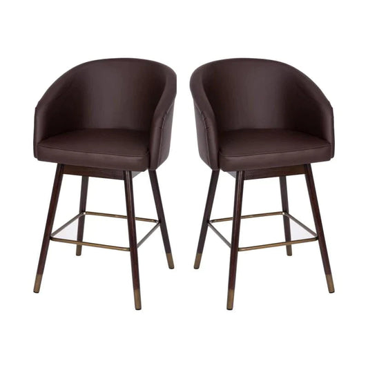 Flash Furniture Black Margo 30" Commercial Mid-Back Modern Counter Stool, Walnut Finish Beechwood Legs and Contoured Back,  LeatherSoft/Bronze Accents - Set of 2