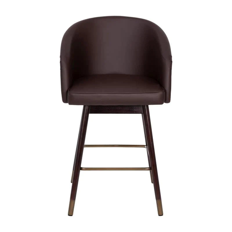 Flash Furniture Brown Margo 30" Commercial Mid-Back Modern Counter Stool, Walnut Finish Beechwood Legs and Contoured Back,  LeatherSoft/Bronze Accents - Set of 2