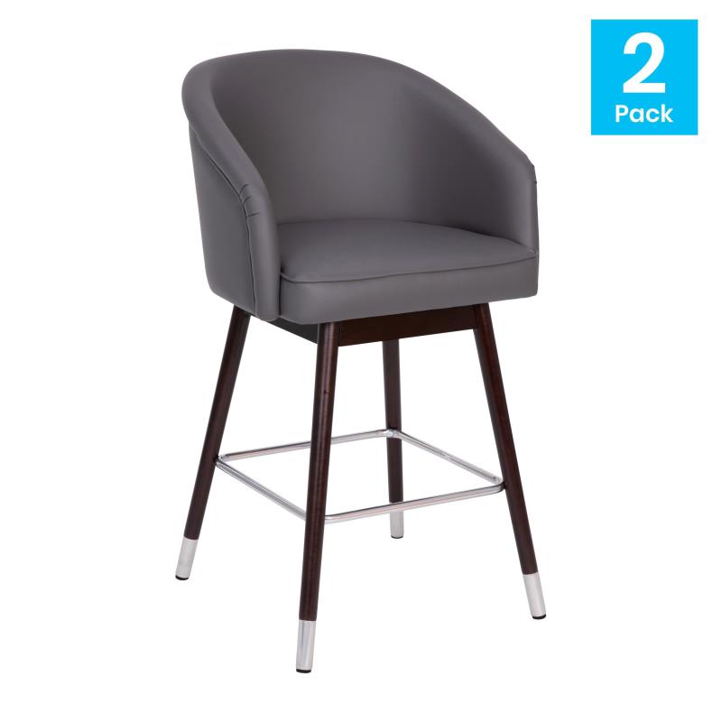 Flash Furniture Gray Margo 26" Commercial Mid-Back Modern Counter Stool, Walnut Finish Beechwood Legs and Contoured Back,  LeatherSoft/Bronze Accents - Set of 2