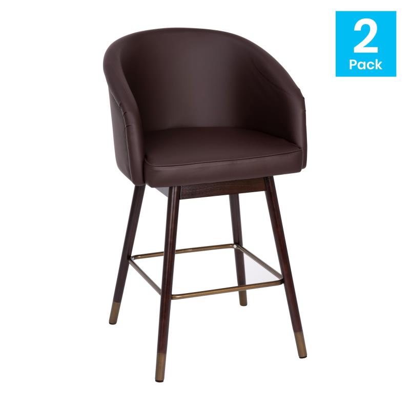 Flash Furniture Margo 26" Commercial Mid-Back Modern Counter Stool, Walnut Finish Beechwood Legs and Contoured Back,  LeatherSoft/Bronze Accents - Set of 2