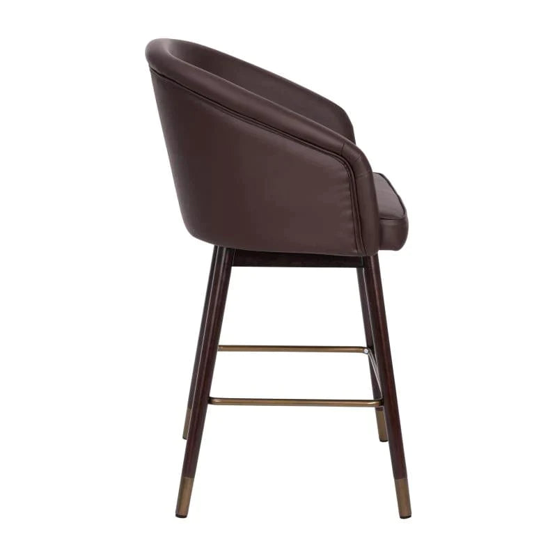 Flash Furniture Margo 30" Commercial Mid-Back Modern Counter Stool, Walnut Finish Beechwood Legs and Contoured Back,  LeatherSoft/Bronze Accents - Set of 2