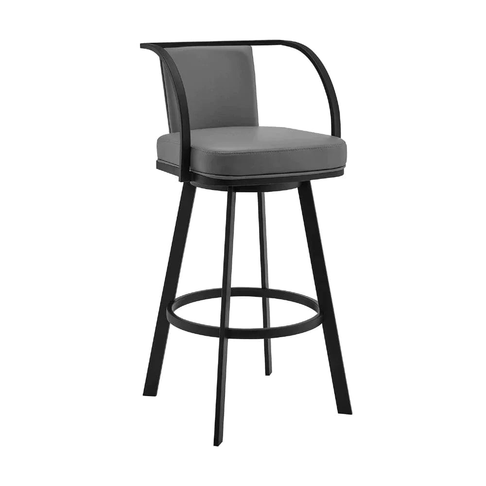 Benjara Gray and Black / 22 L X 20 W X 36 H Inches / Metal and Faux Leather Swivel Barstool with Open Curved Metal Frame Arms, Gray and Black - BM271170