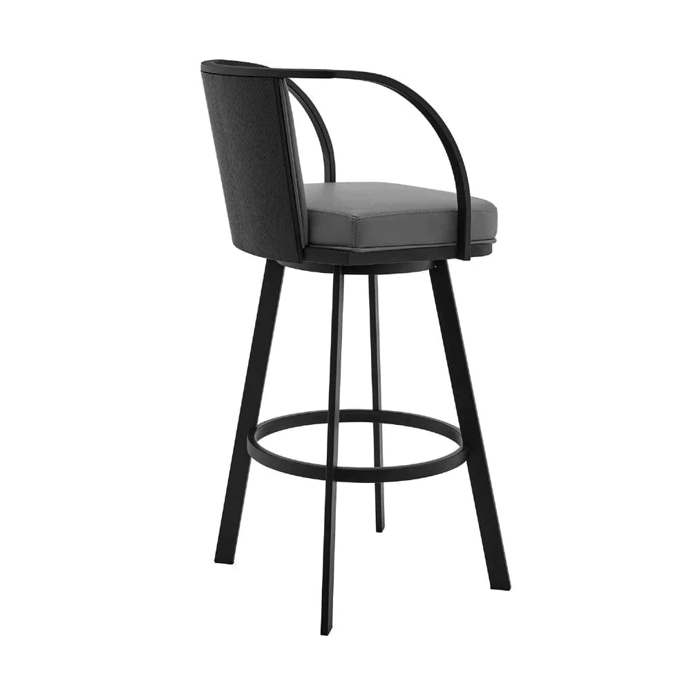 Benjara Gray and Black / 22 L X 20 W X 40 H Inches / Metal and Faux Leather Metal Swivel Barstool with Open Curved Frame Arms, Gray and Black - BM271171