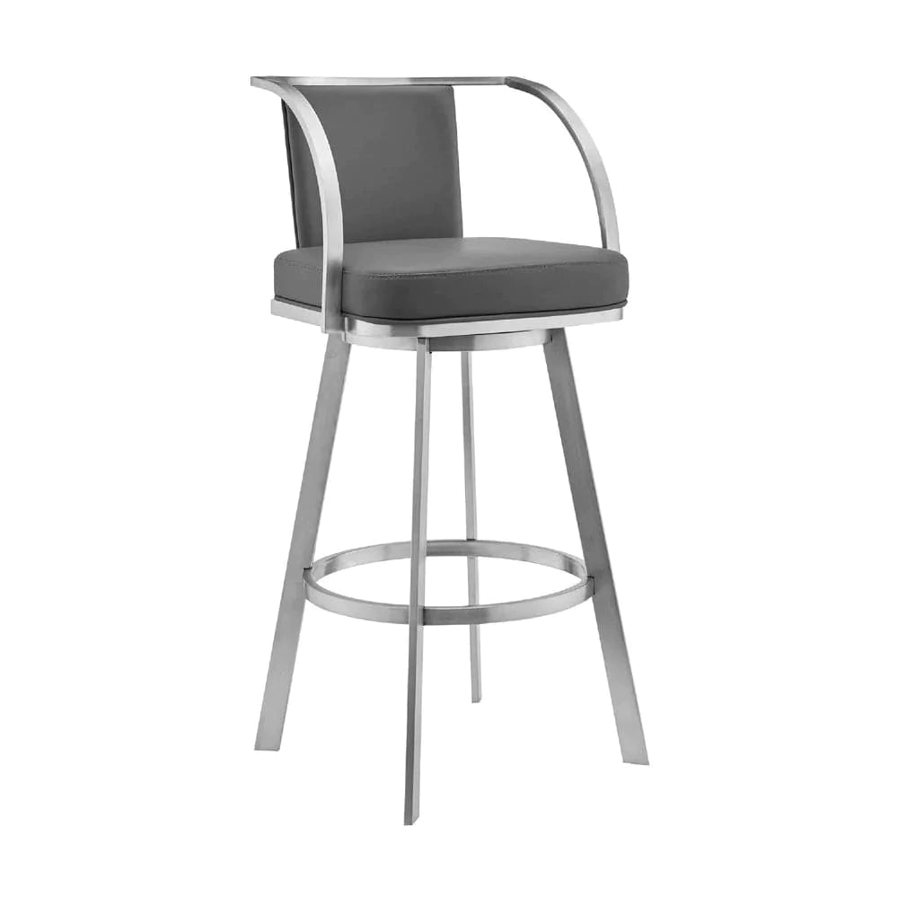 Benjara Gray and Silver / 22 L X 20 W X 40 H Inches / Metal and Faux Leather Metal Swivel Barstool with Open Curved Frame Arms, Gray and Silver - BM271169