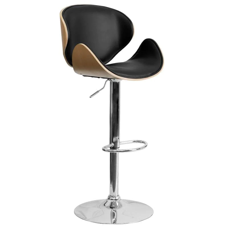 Flash Furniture Farley Beech Bentwood Adjustable Height Barstool with Curved Back and Black Vinyl Seat