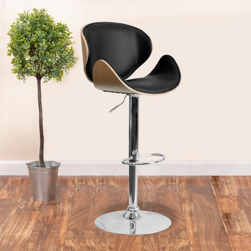 Flash Furniture Farley Beech Bentwood Adjustable Height Barstool with Curved Back and Black Vinyl Seat