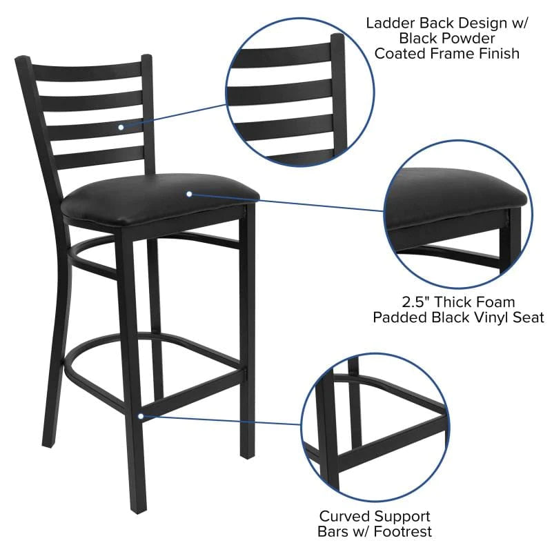 Flash Furniture HERCULES Series Black Ladder Back Metal Restaurant Barstool - Black Vinyl Seat