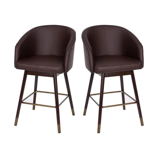 Flash Furniture Margo 26" Commercial Mid-Back Modern Counter Stool, Walnut Finish Beechwood Legs and Contoured Back, Brown LeatherSoft/Bronze Accents - Set of 2