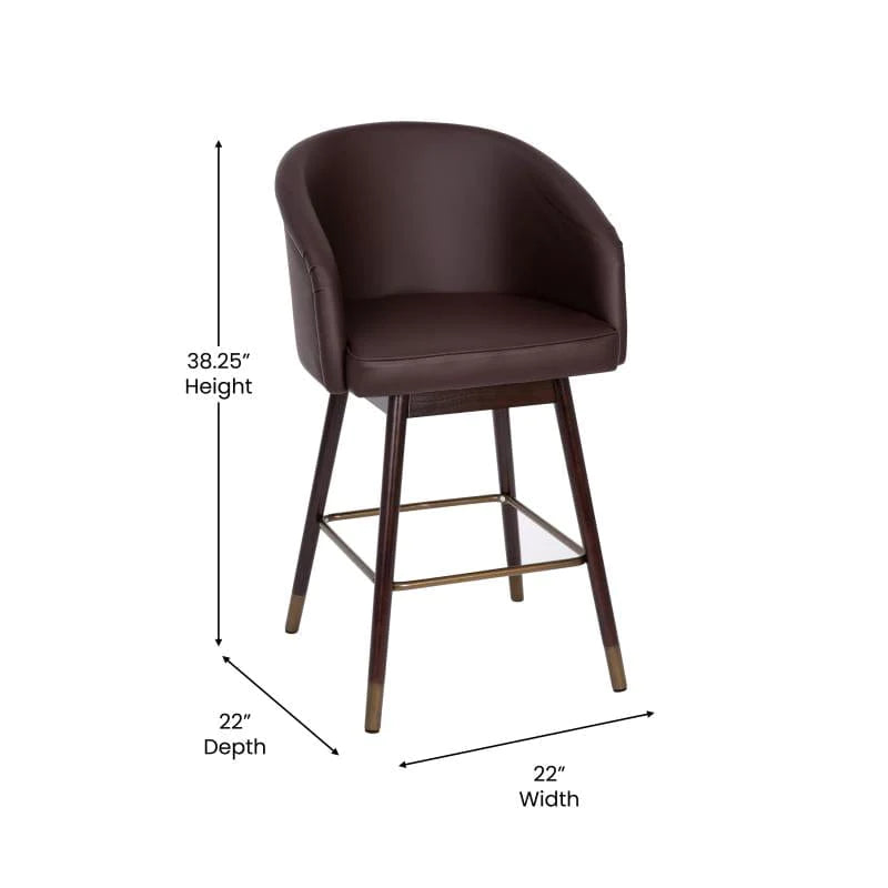 Flash Furniture Margo 26" Commercial Mid-Back Modern Counter Stool, Walnut Finish Beechwood Legs and Contoured Back, Brown LeatherSoft/Bronze Accents - Set of 2
