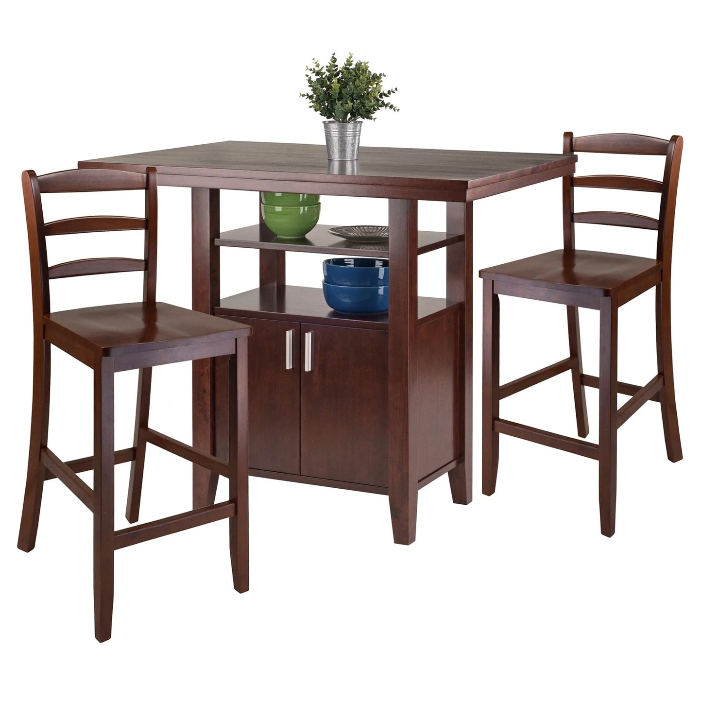 WINSOME Pub Table Set Albany 3-Pc High Table with Ladder-back Counter Stools, Walnut