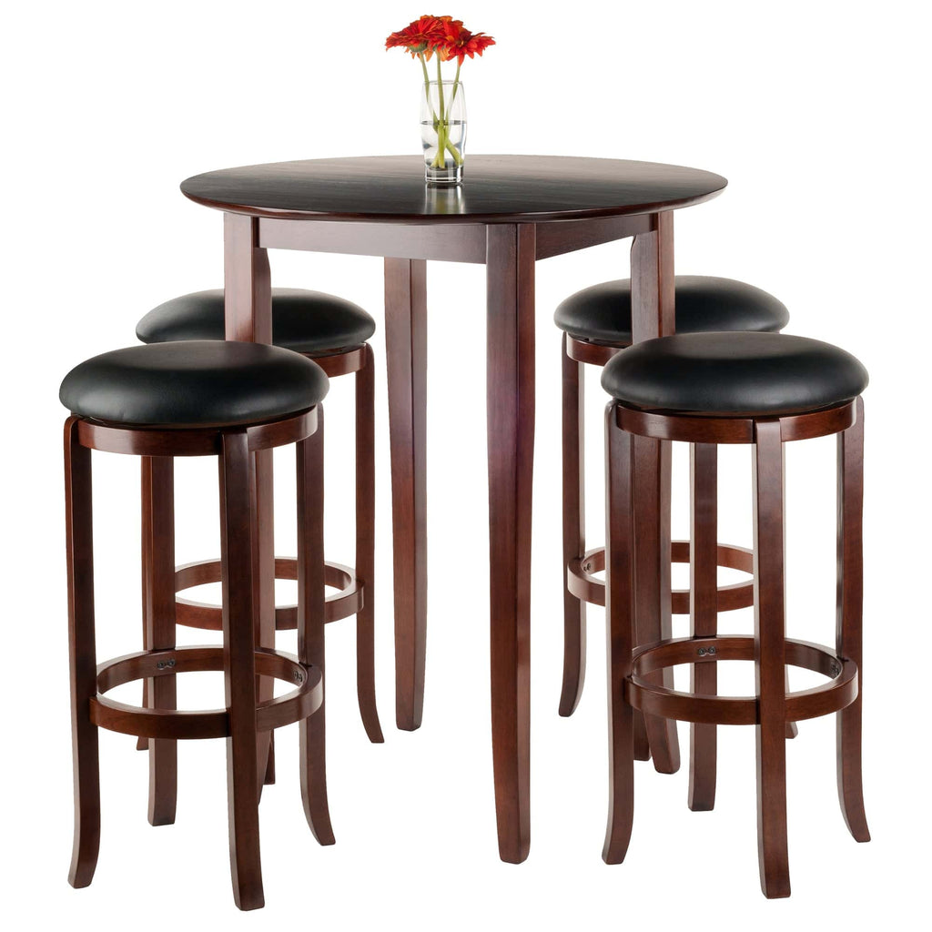 WINSOME Pub Table Set Fiona 5-Pc High Table with Cushion Swivel Seat Bar Stools, Walnut and Black