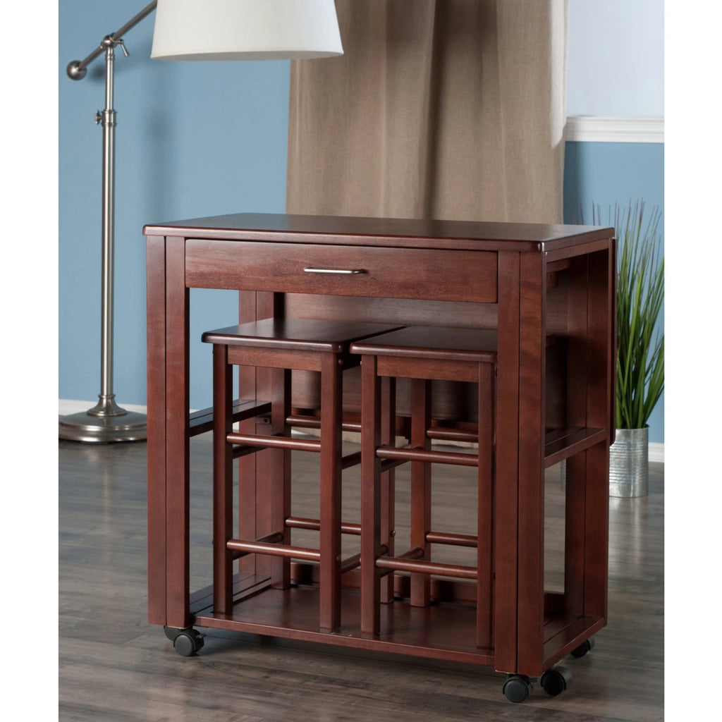WINSOME Pub Table Set Fremont 3-Pc Space Saver with Tuck-away Stools, Walnut