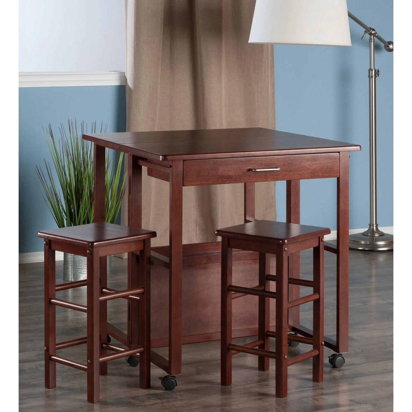WINSOME Pub Table Set Fremont 3-Pc Space Saver with Tuck-away Stools, Walnut
