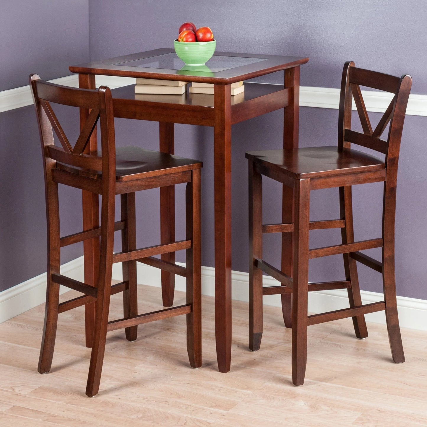 WINSOME Pub Table Set Halo 3-Pc High Table with V-Back Bar Stools, Walnut