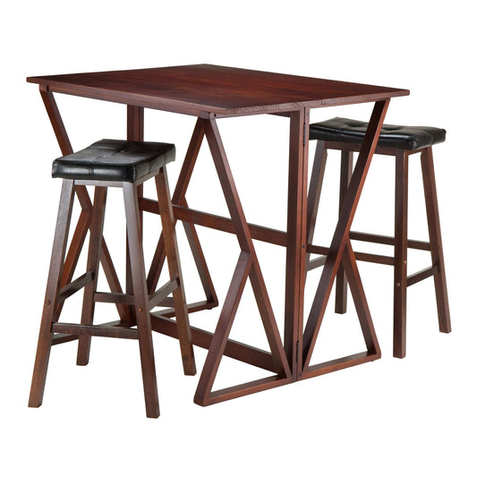 WINSOME Pub Table Set Harrington 3-Pc Drop Leaf High Table with Cushion Saddle Seat Bar Stools, Walnut and Black