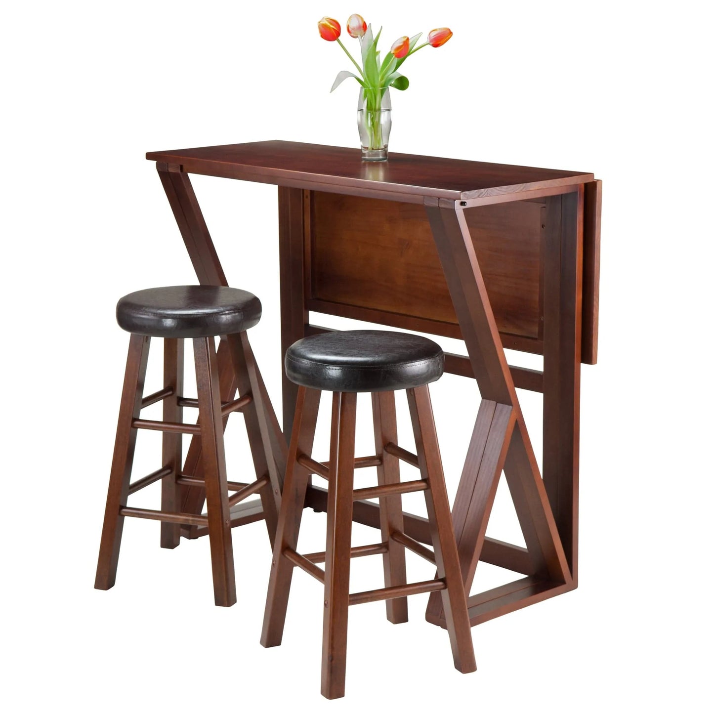 WINSOME Pub Table Set Harrington 3-Pc Drop Leaf High Table with Cushion Seat Counter Stools, Walnut and Espresso