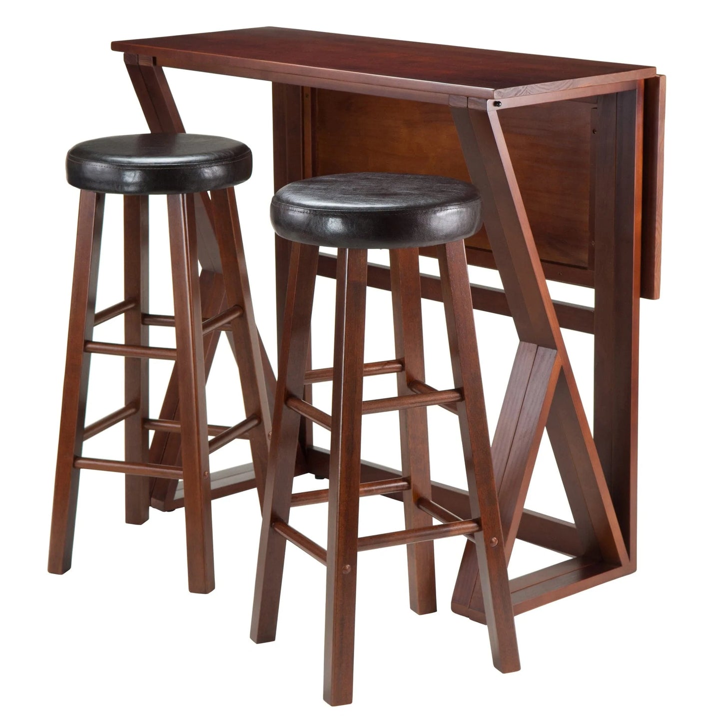 WINSOME Pub Table Set Harrington 3-Pc Drop Leaf Table with Cushion Seat Bar Stools, Walnut and Espresso