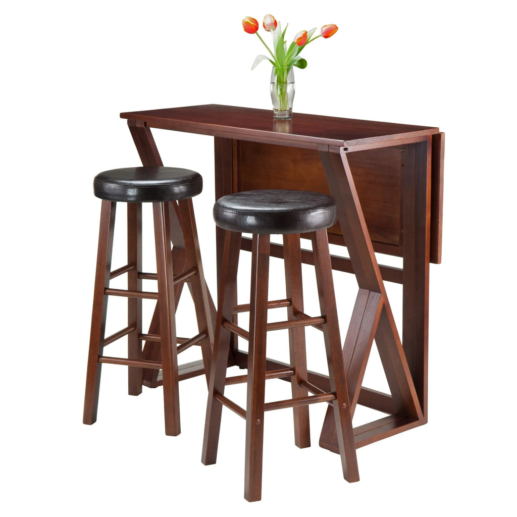 WINSOME Pub Table Set Harrington 3-Pc Drop Leaf Table with Cushion Seat Bar Stools, Walnut and Espresso