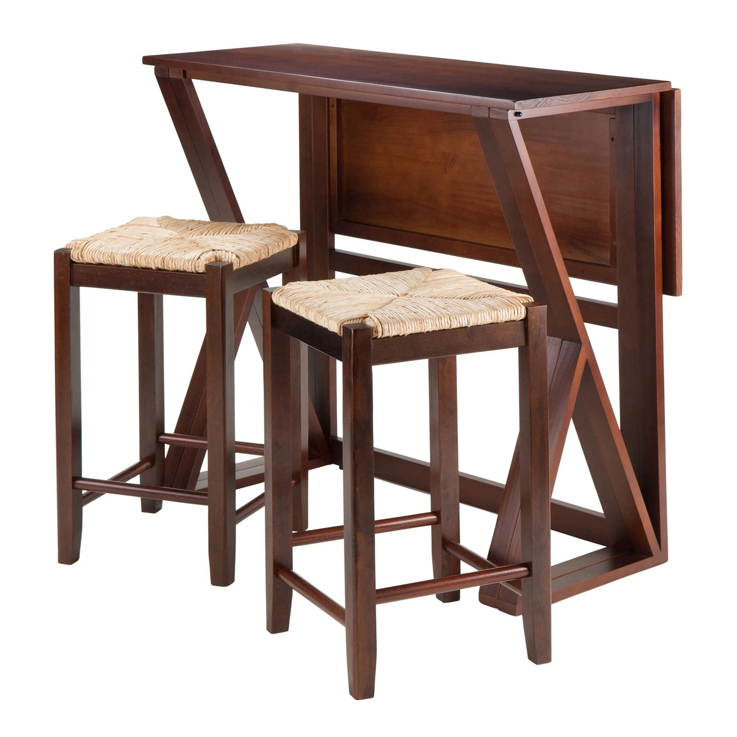 WINSOME Pub Table Set Harrington 3-Pc Drop Leaf Table with Rush Seat Counter Stools, Walnut