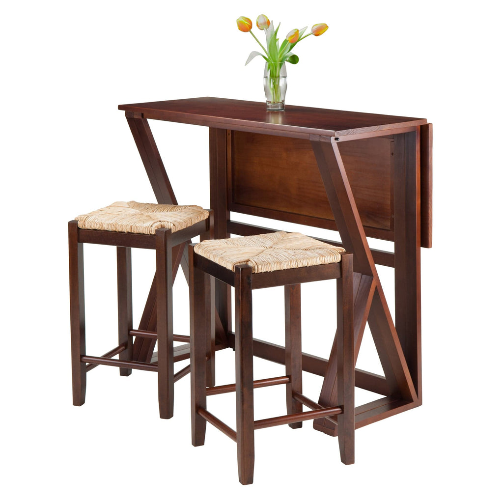 WINSOME Pub Table Set Harrington 3-Pc Drop Leaf Table with Rush Seat Counter Stools, Walnut