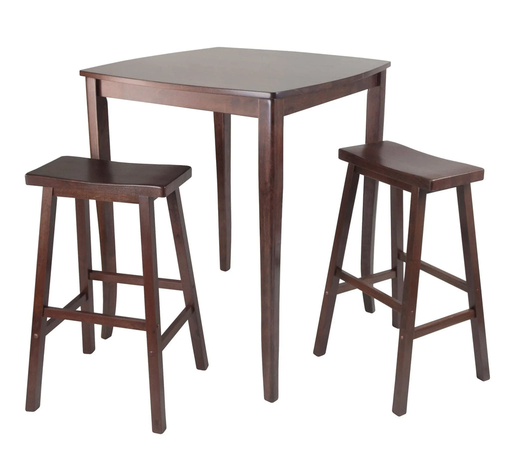 WINSOME Pub Table Set Inglewood 3-Pc High Dining Table with Saddle Seat Bar Stools, Walnut