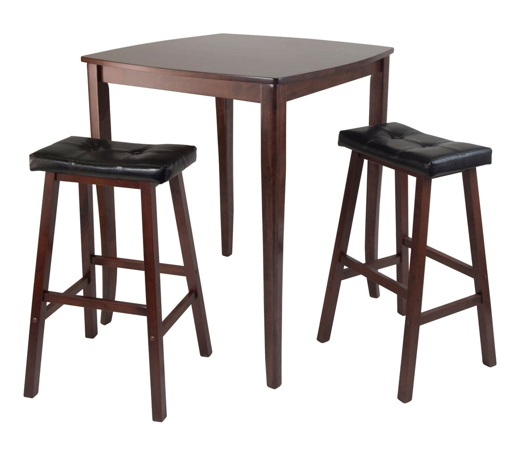 WINSOME Pub Table Set Inglewood 3-Pc High Table with Cushioned Saddle Seat Bar Stools, Walnut and Black