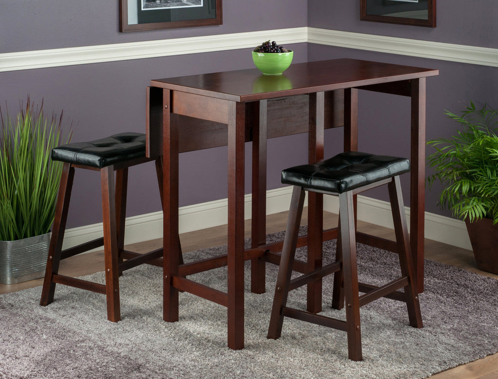 WINSOME Pub Table Set Lynnwood 3-Pc Drop Leaf Table with Cushion Saddle Seat Counter Stools, Walnut and Black