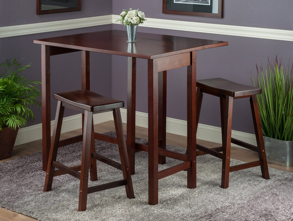 WINSOME Pub Table Set Lynnwood 3-Pc Drop Leaf Table with Saddle Seat Counter Stools, Walnut