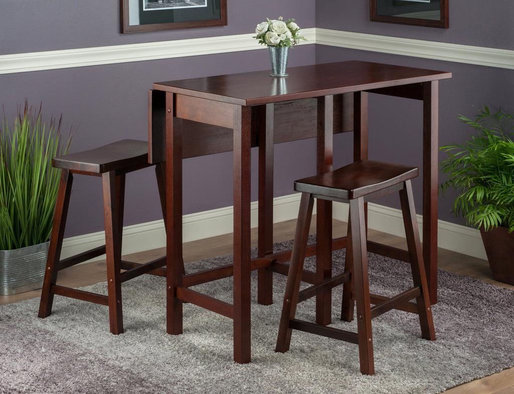 WINSOME Pub Table Set Lynnwood 3-Pc Drop Leaf Table with Saddle Seat Counter Stools, Walnut