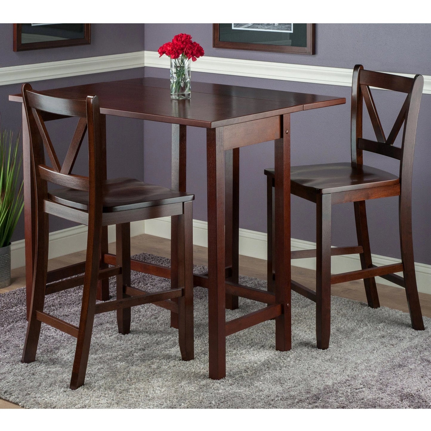 WINSOME Pub Table Set Lynnwood 3-Pc Drop Leaf Table with V-Back Counter Stools, Walnut