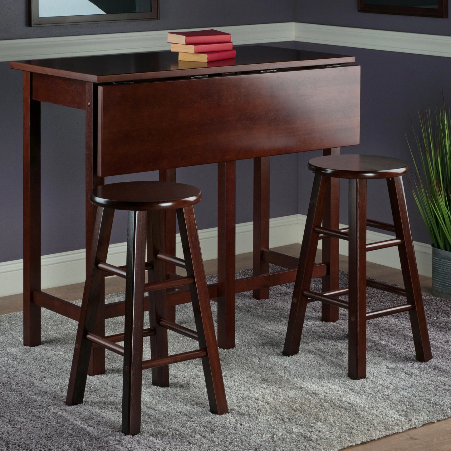 WINSOME Pub Table Set Lynnwood Drop Leaf Island Table with Counter Stools, Walnut