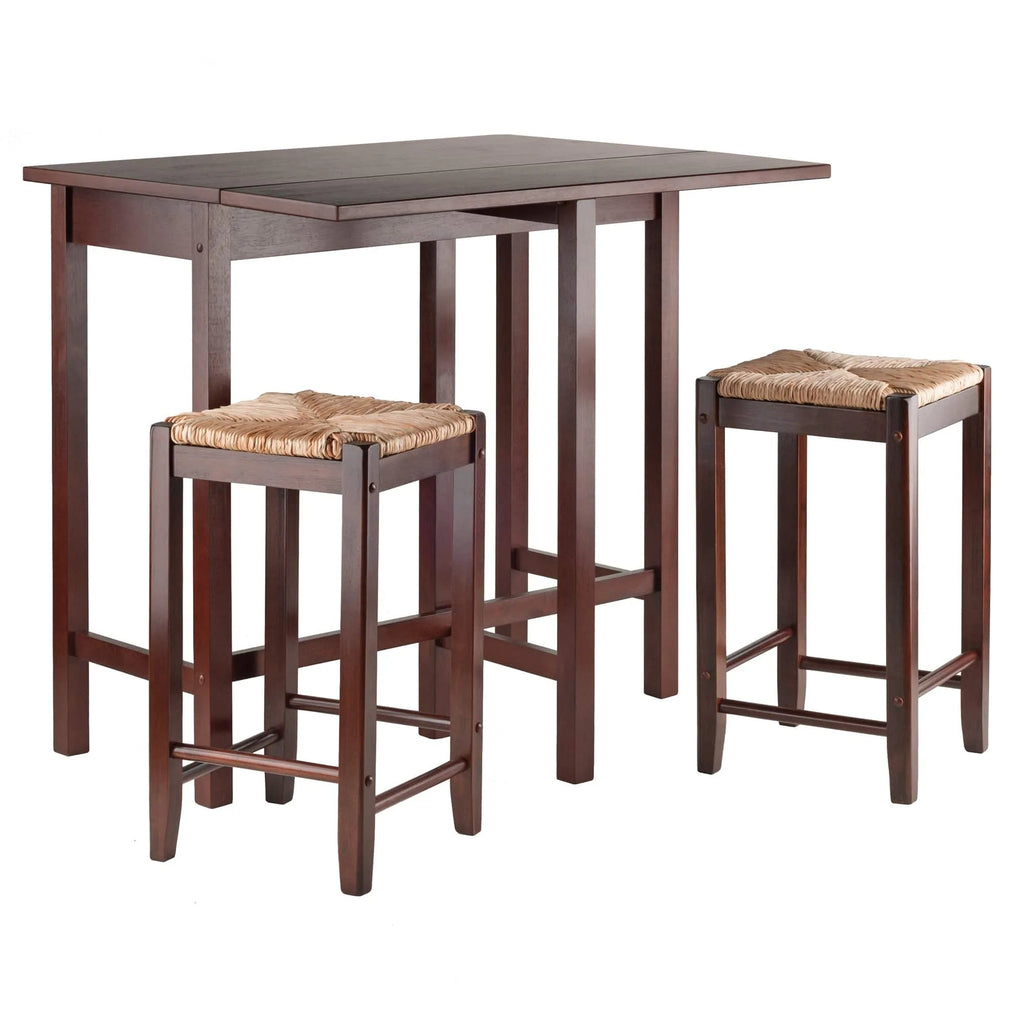 WINSOME Pub Table Set Lynwood 3-Pc Drop Leaf Table with Rush Seat Counter Stools, Walnut