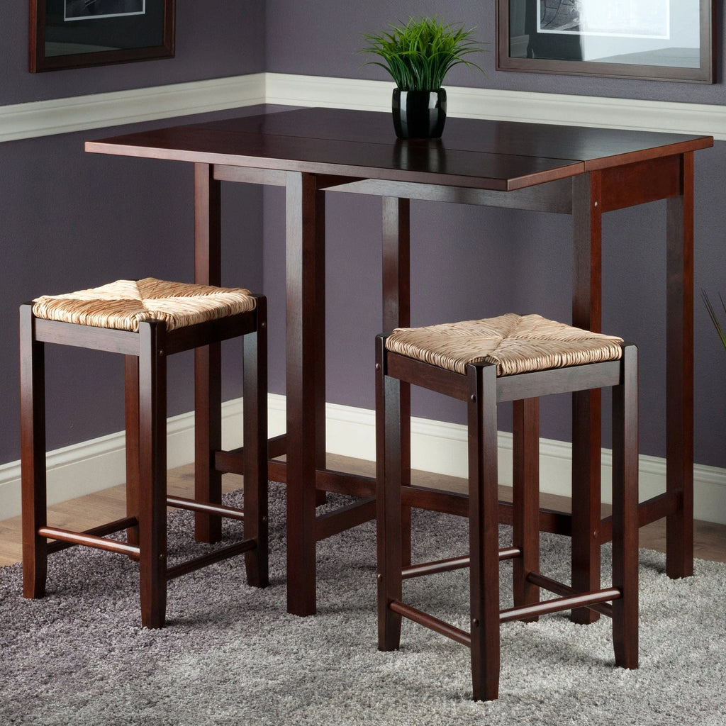 WINSOME Pub Table Set Lynwood 3-Pc Drop Leaf Table with Rush Seat Counter Stools, Walnut