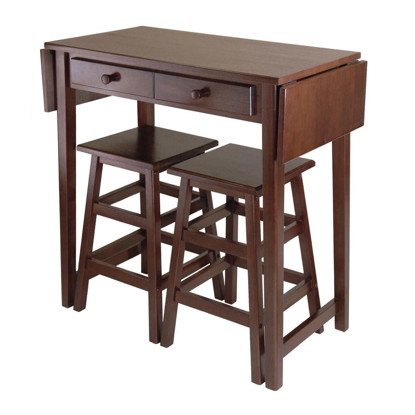 WINSOME Pub Table Set Mercer 3-Pc Drop Leaf Island with Square Seat Counter Stools, Cappuccino