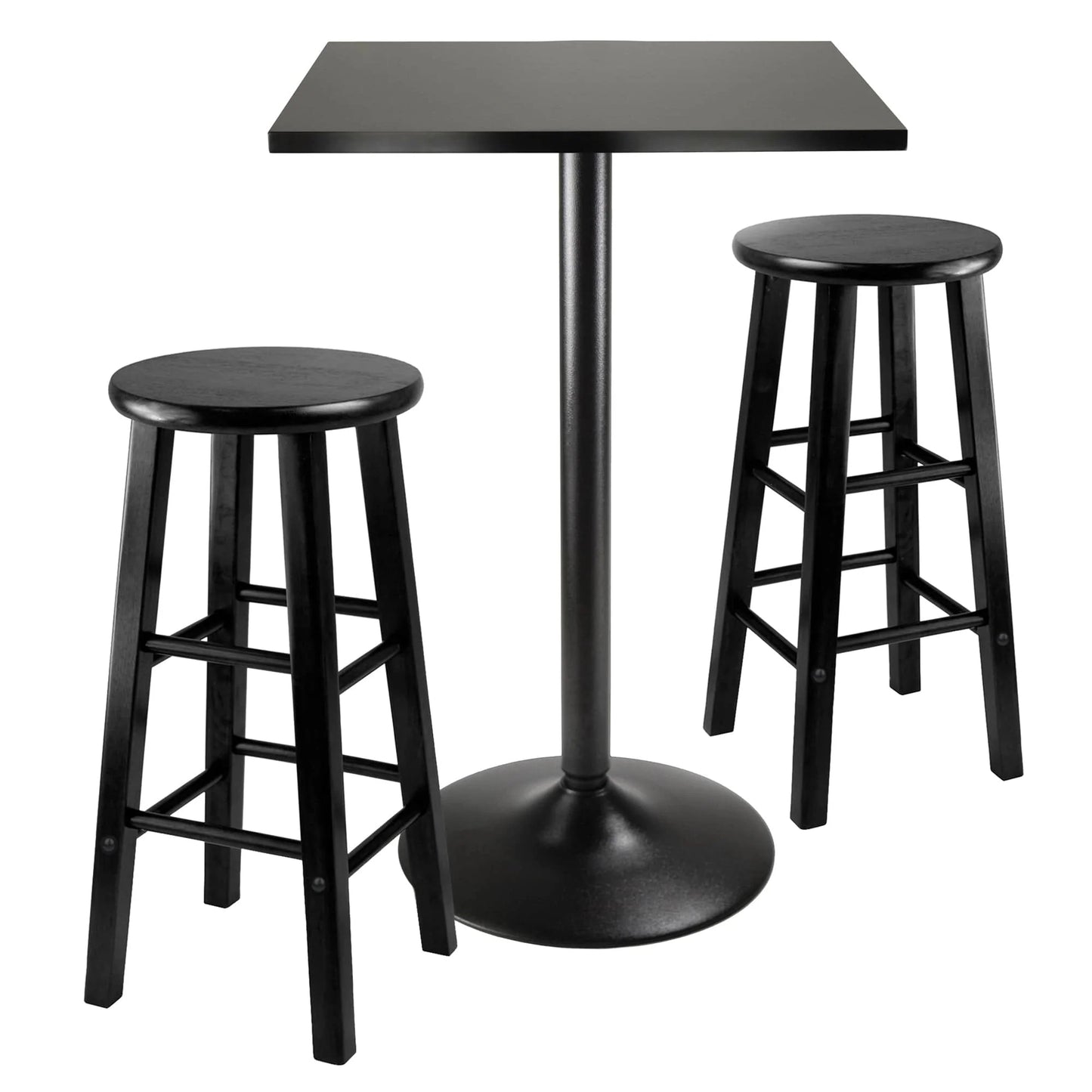 WINSOME Pub Table Set Obsidian 3-Pc Square Pub Table and Round Seat Counter Stools, Black