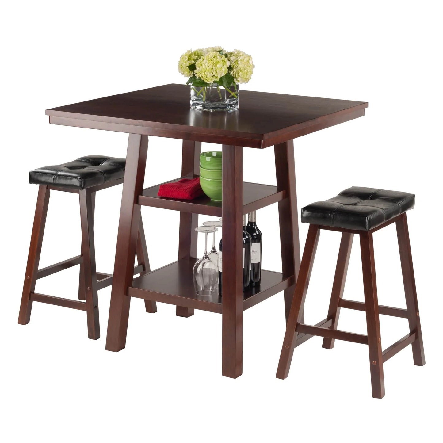 WINSOME Pub Table Set Orlando 3-Pc High Table with Cushion Saddle Seat Counter Stools, Walnut and Black