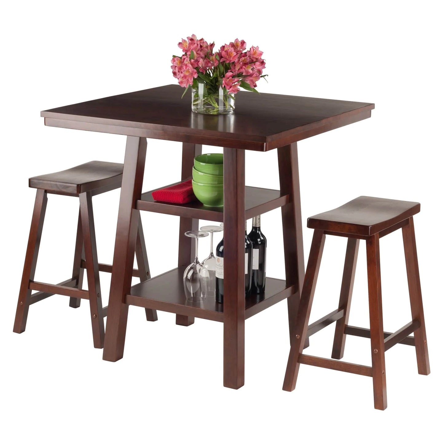WINSOME Pub Table Set Orlando 3-Pc High Table with Saddle Seat Counter Stools, Walnut
