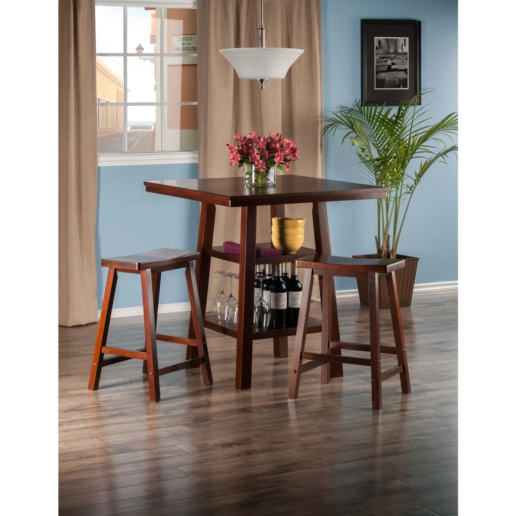 WINSOME Pub Table Set Orlando 3-Pc High Table with Saddle Seat Counter Stools, Walnut