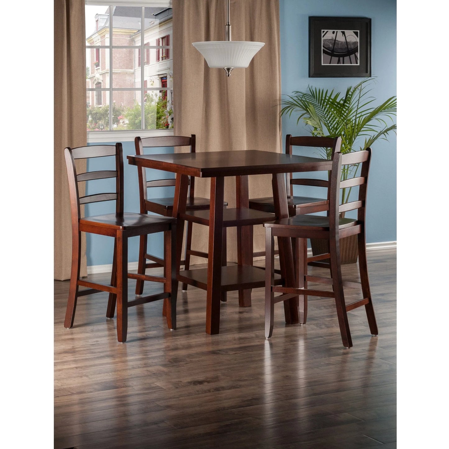WINSOME Pub Table Set Orlando 5-Pc High Table with Ladder-back Counter Stools, Walnut