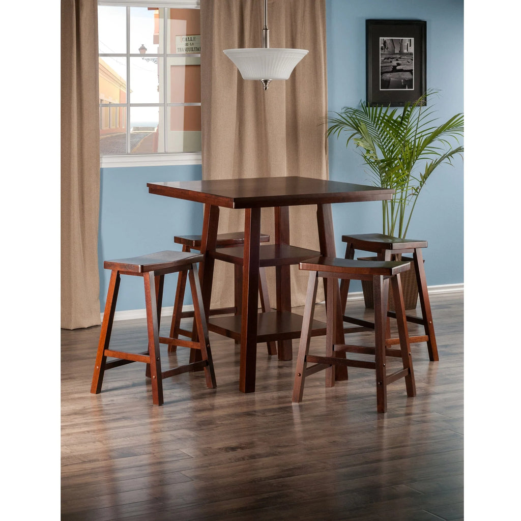 WINSOME Pub Table Set Orlando 5-Pc High Table with Saddle Seat Counter Stools, Walnut