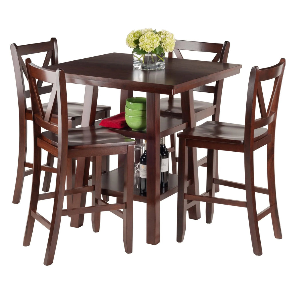 WINSOME Pub Table Set Orlando 5-Pc High Table with V-Back Counter Stools, Walnut
