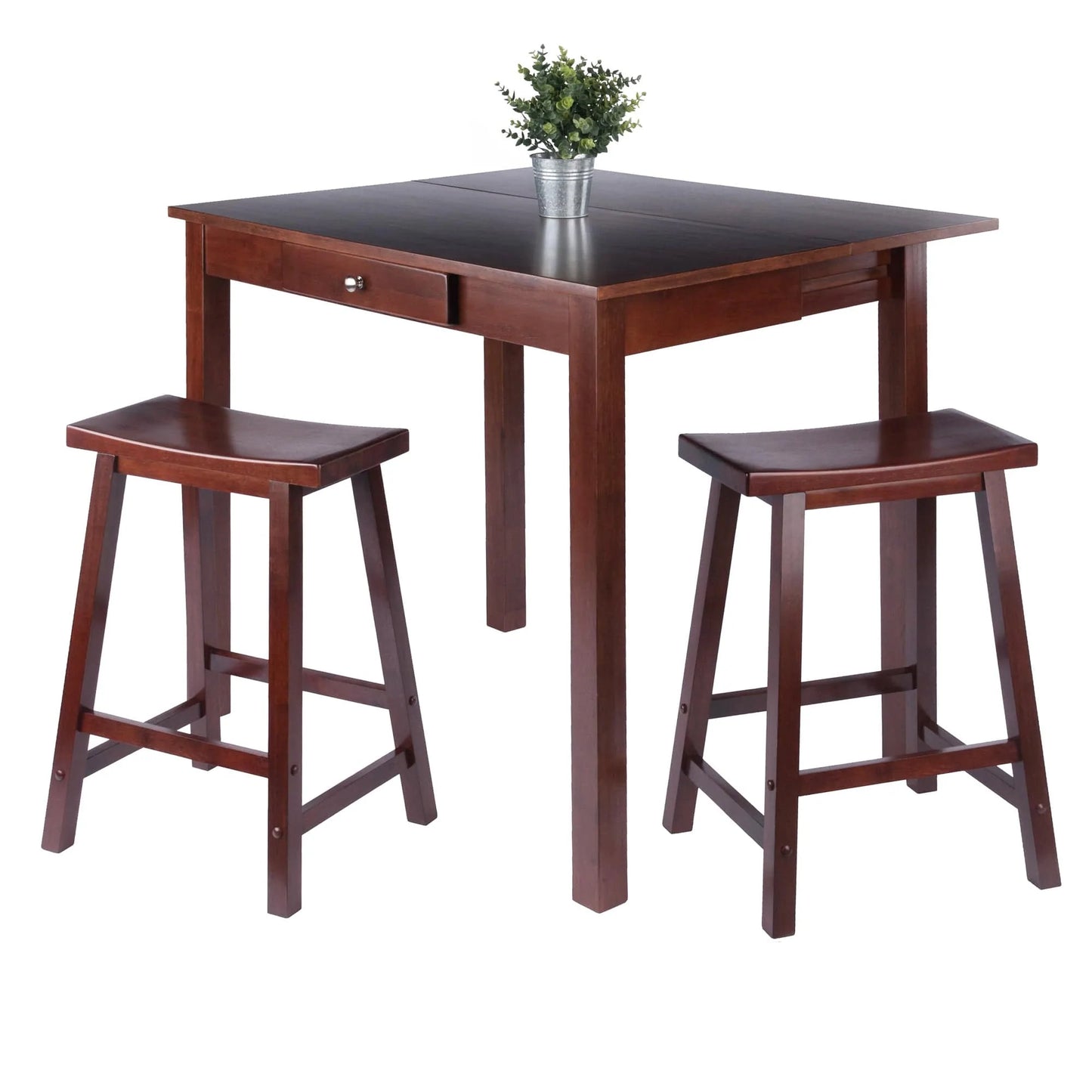WINSOME Pub Table Set Perrone 3-Pc High Drop Leaf Table with Saddle Seat Counter Stools, Walnut