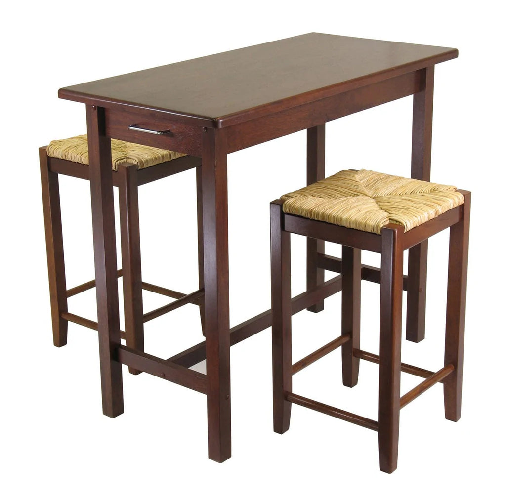 WINSOME Pub Table Set Sally 3-Pc Breakfast Table with Rush Seat Counter Stools, Walnut