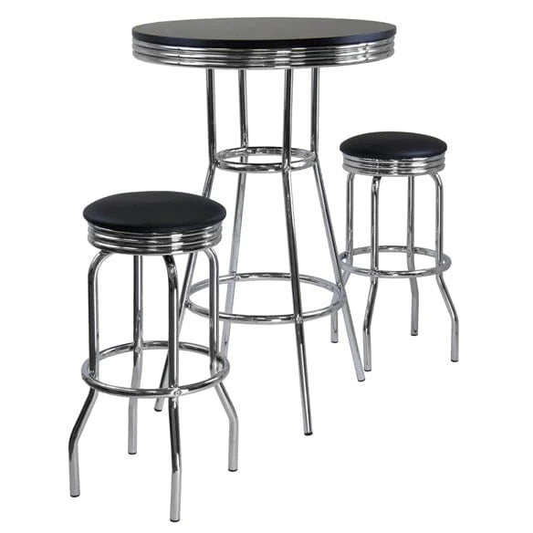 WINSOME Pub Table Set Summit 3-Pc High Table with Swivel Seat Bar Stools, Black and Chrome